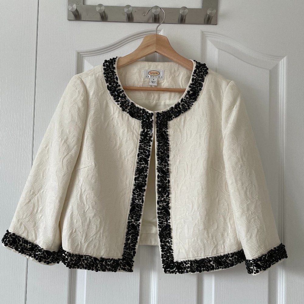 NWOT Talbots Blazer Ivory Beaded Embellished Cotton & Silk Open Women Petites 8